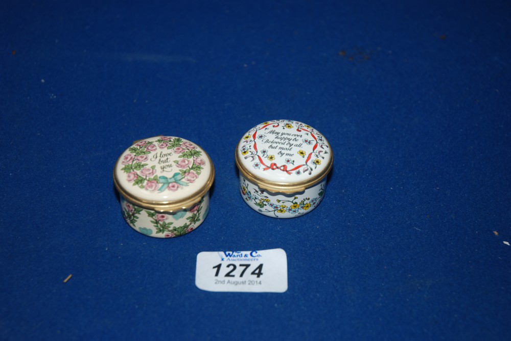 Two modern Bilston enamel Boxes for Halcyon Days to mark Valentine's Day 1982 and 1983