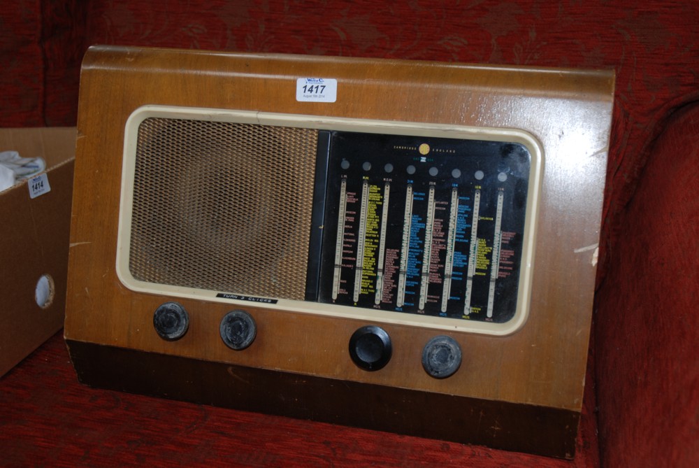 A large old wooden Valve radio by Pye, Cambridge, England.