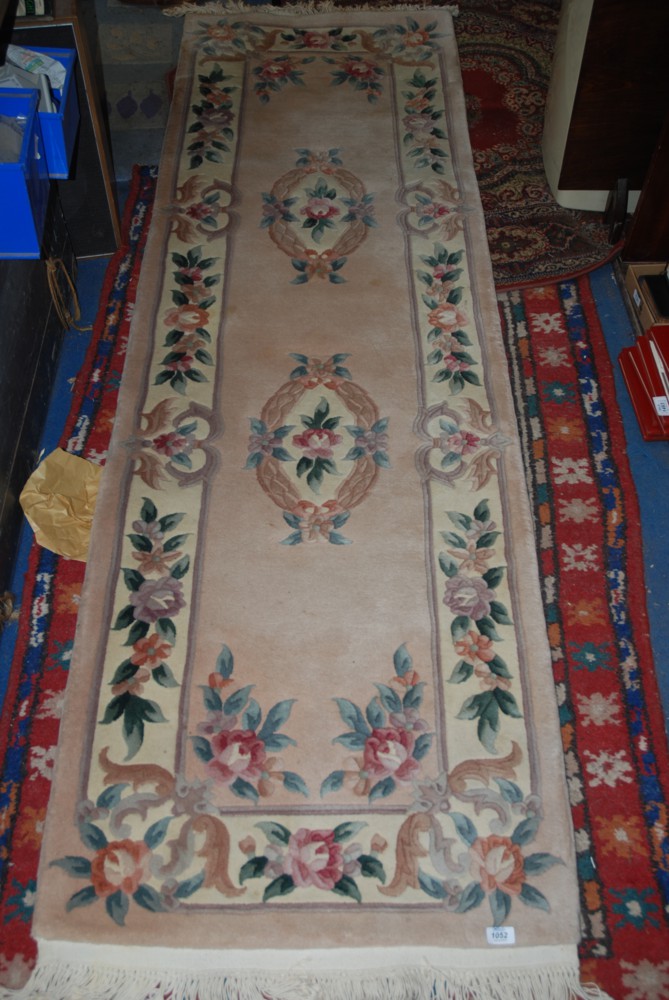 A pale ground floral Chinese Runner.  SIze 30'' x 105'' approx.