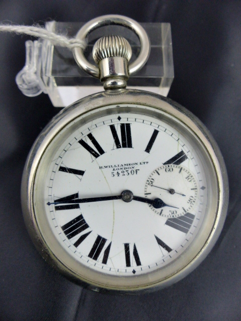 Heavy chrome crown wind military pocket watch with subsidiary seconds at 3 o`clock. Maker H