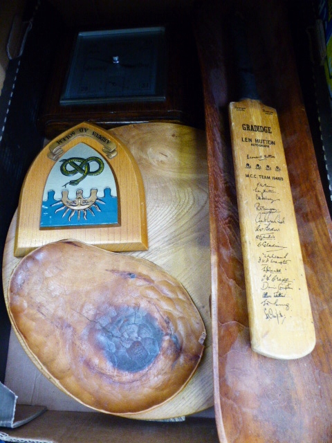 Box of treen including 1948 facsimile signed miniature cricket bat and a barometer