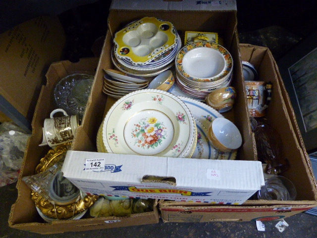 Three large boxes of ceramics, glass and treen