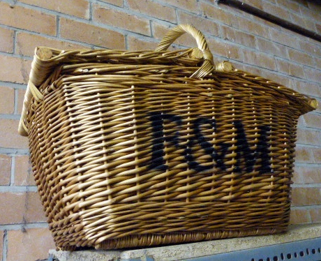 Large twin lidded wicker hamper marked F&M