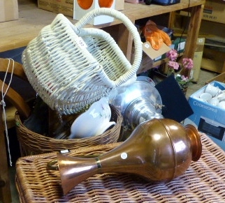 Large quantity of mixed items including a wicker hamper, decorative brass etc
