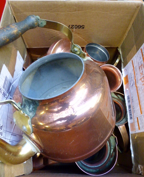 Box of bass and and copper items including jugs and a bottle