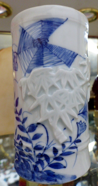 Early 20thC blue and white bamboo vase with spider web design