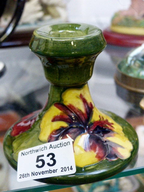 Moorcroft Hibiscus pattern candle stick in green ground