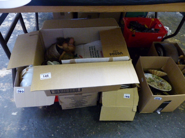 Five boxes of ceramics and miscellaneous items including a Nyform troll and stainless steel teaset