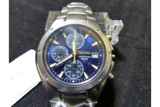 Seiko chronograph 50M wristwatch on Seiko steel bracelet. Lacking crown.