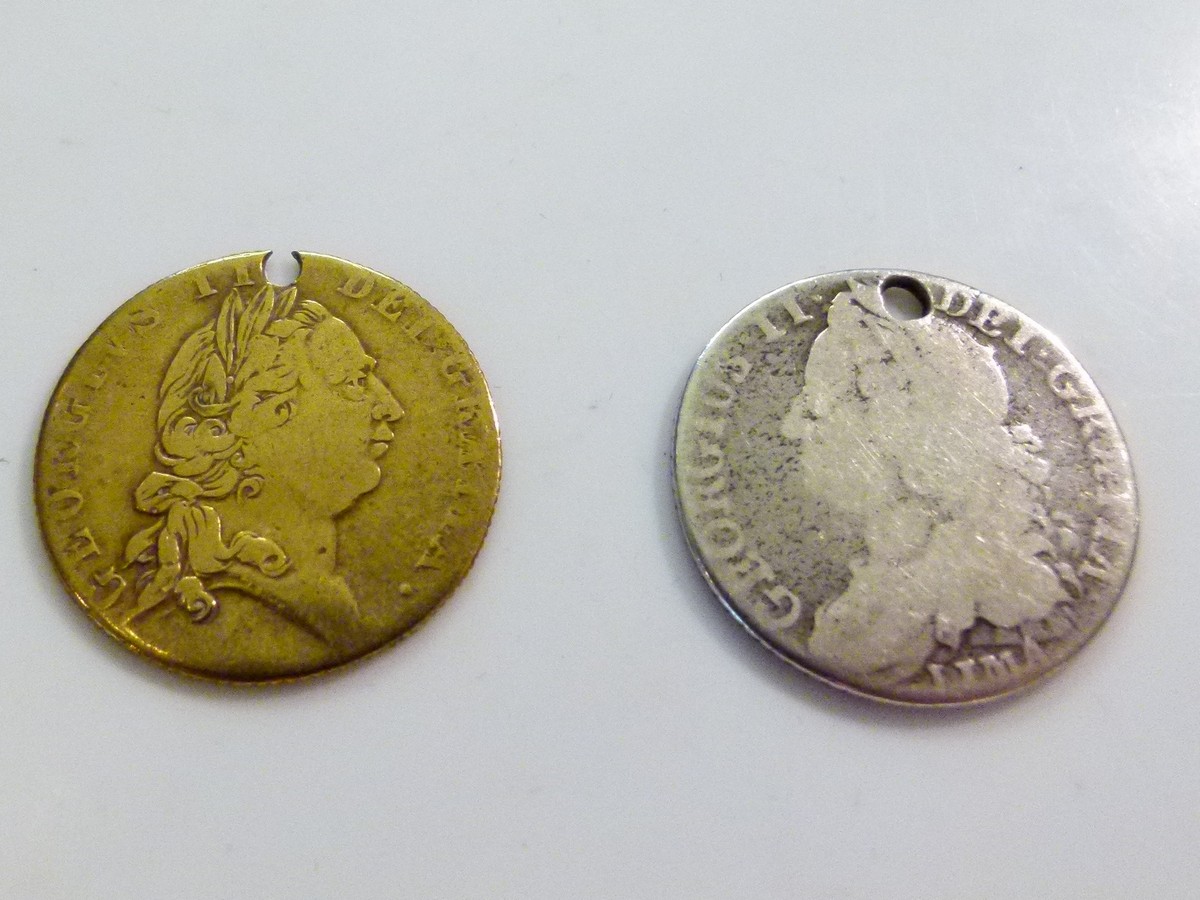 1790 guinea token and 1745 florin (both holed)