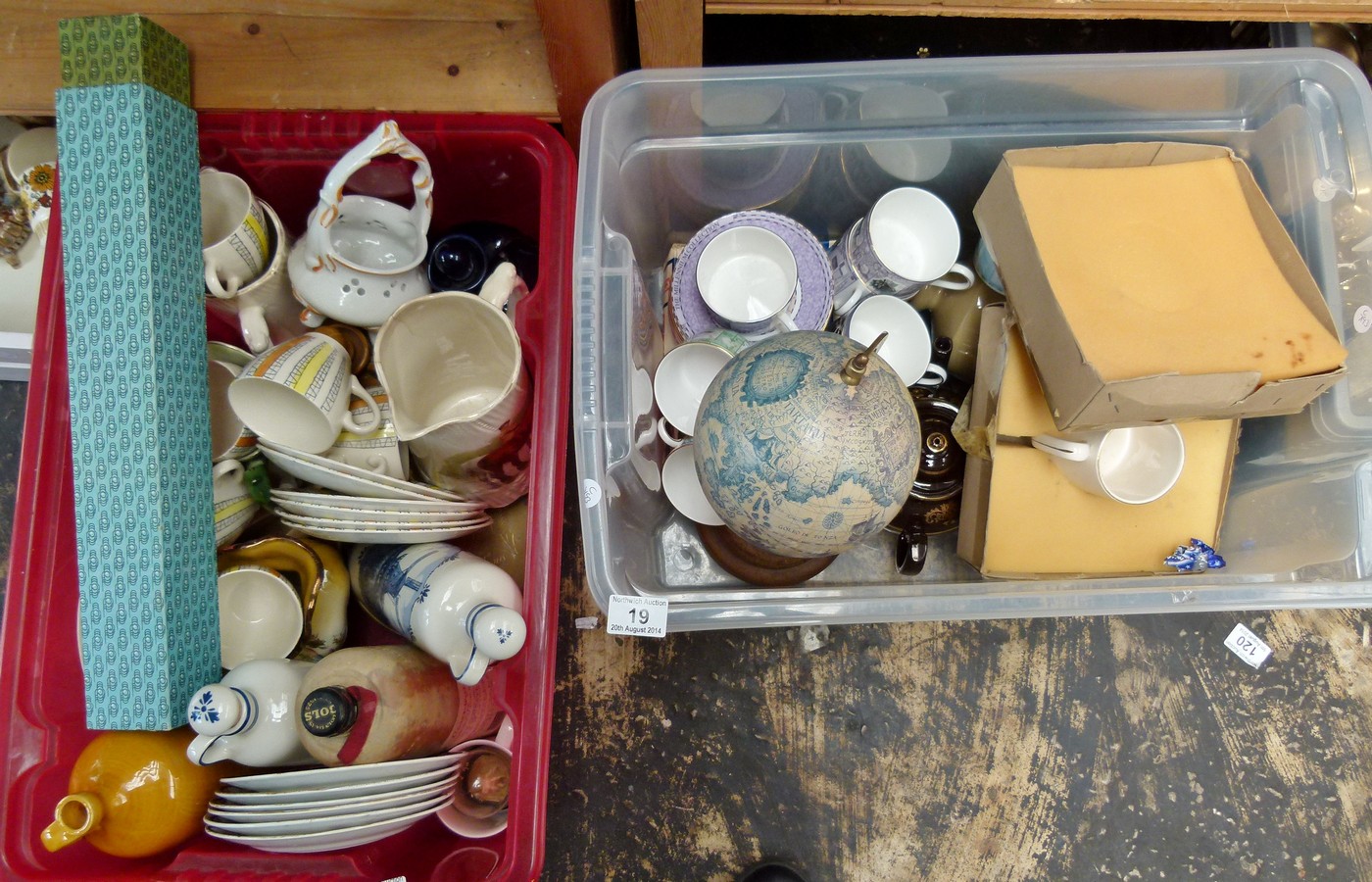 Two boxes of ceramics including Wedgwood cups