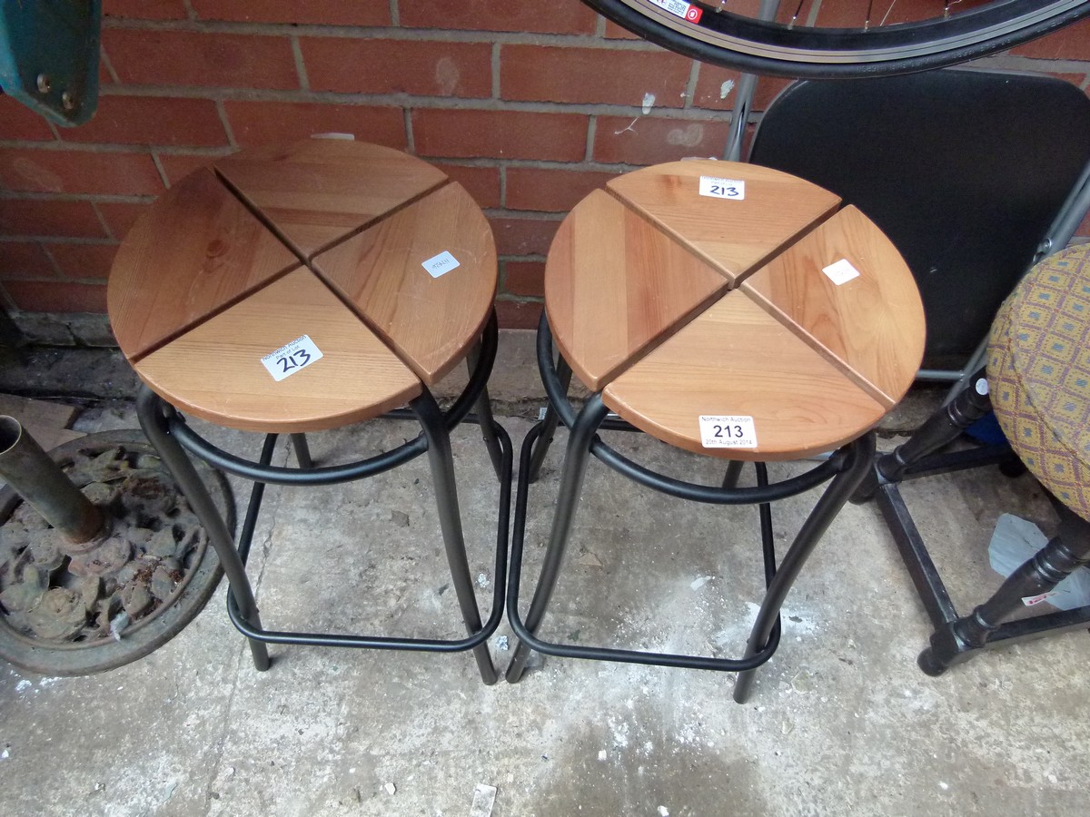 Two wooden and tubular steel stools