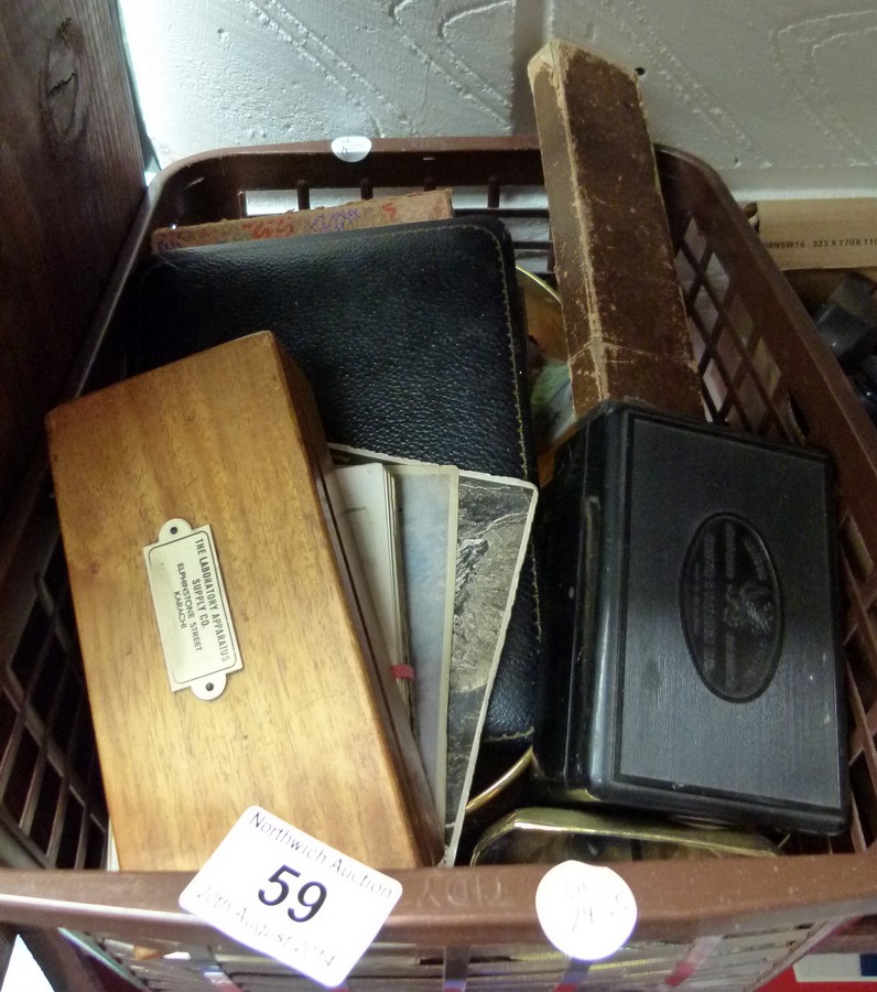 Tray of collectables including vintage weight sets