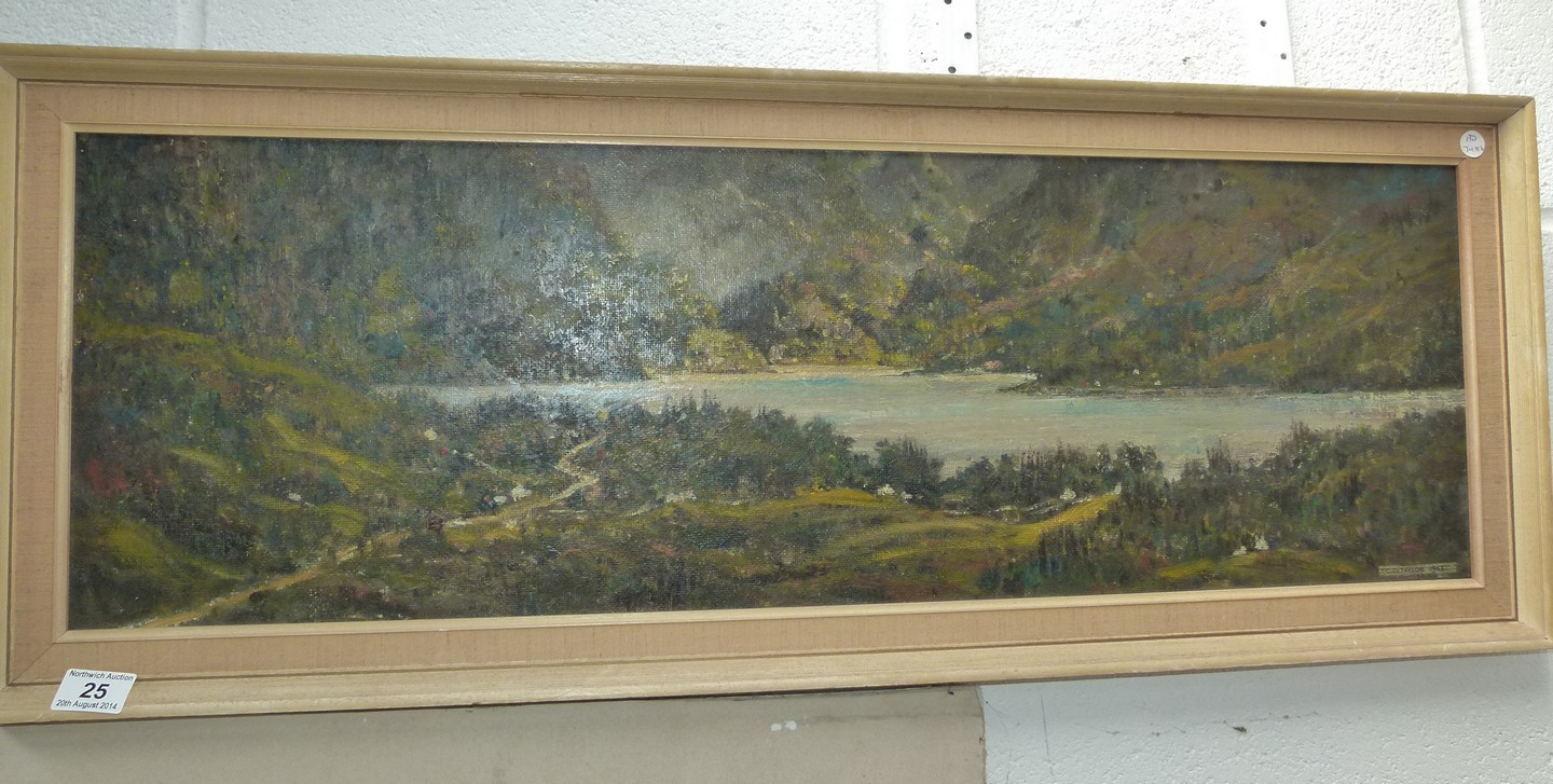 Oil painting of lake scene signed C O Taylor 1963, 115 x 30cm