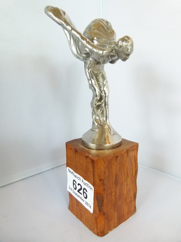 Spirit of Ecstasy chromed figure on wooden plinth, 18cm H