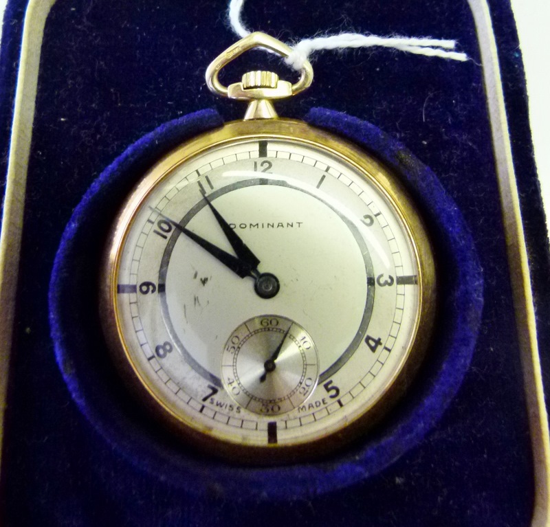 Boxed 9ct gold slimline crown wind pocket watch by Dominant, 50g gross weight