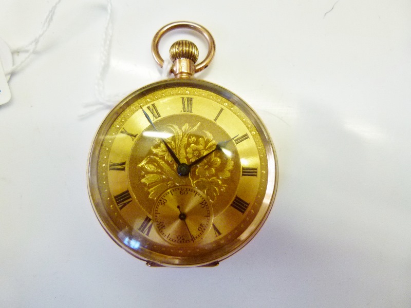9ct gold crown wind pocket watch with gold dust cover,  total weight 61g