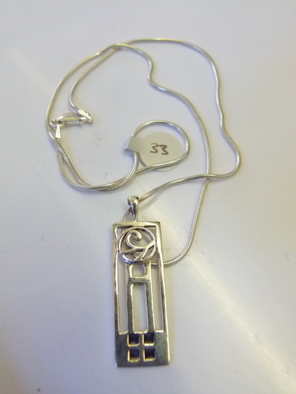 Sterling silver Rennie Mackintosh pendant on sterling silver snake chain (DH33)