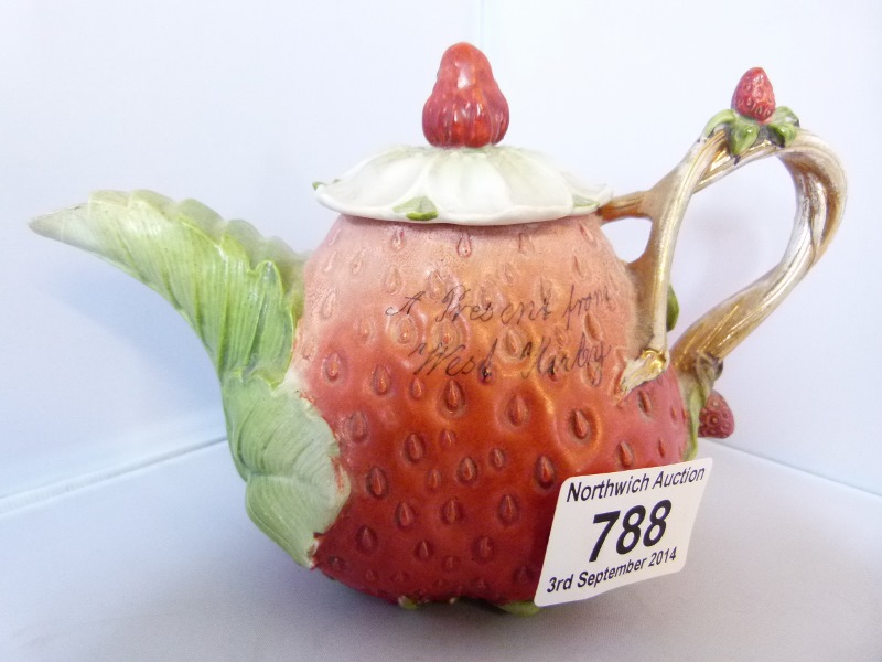Strawberry shaped German teapot with inscription "A present from West Kirby" 12cm H