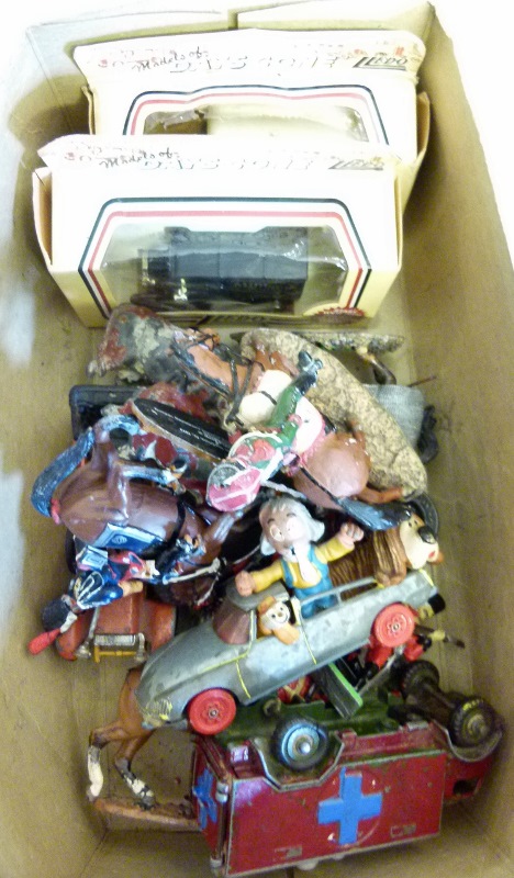 Box of playworn diecast toys including Corgi Magic Roundabout and Britain`s farm animals