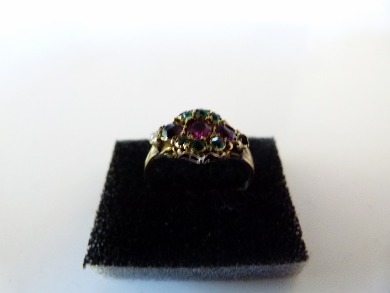 Antique 9 ct gold ruby emerald and seed pearl ring. One pearl absent. Size P.