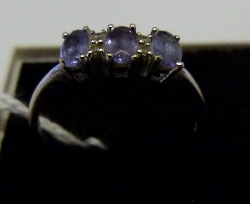 9ct white gold ring amethyst trio ring. Size O.