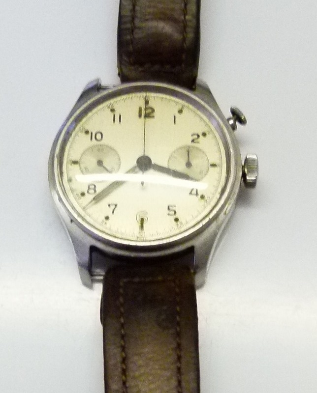 Lemania Aircraft oversize military chronograph wristwatch. H.S.crowsfoot 9 over 3846 engraved to