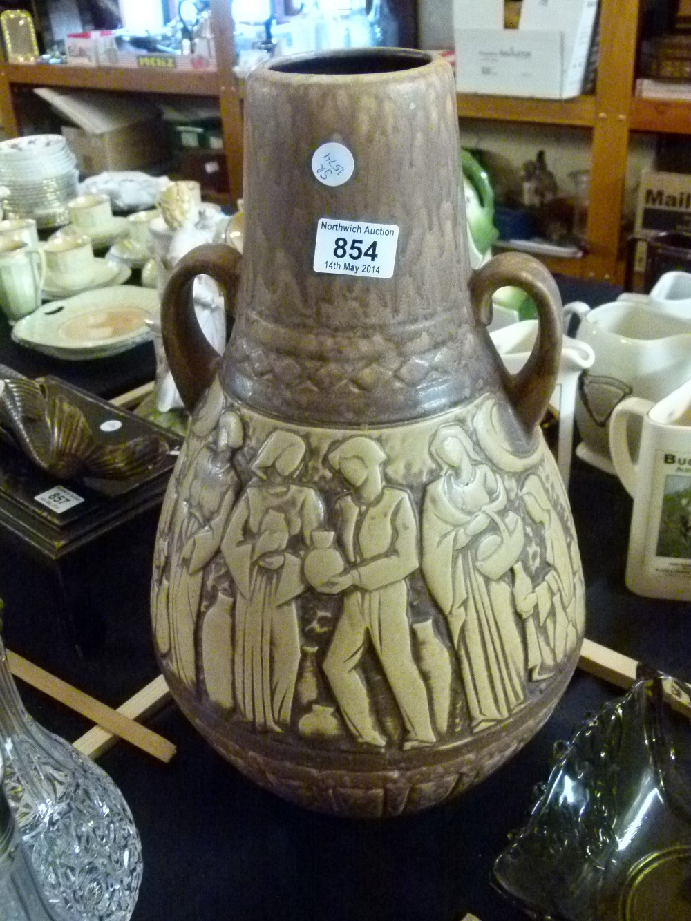 Scheurich - Keramik West German vase 225-46 c1960`s with medieval figures in relief, 47cm H