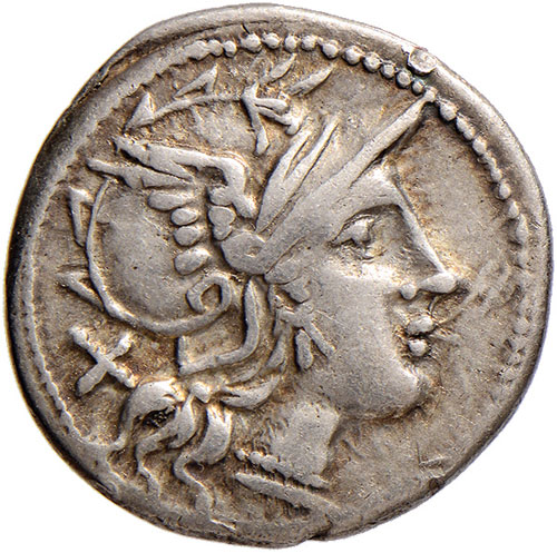 Anonime con simboli - Denario (211-170 a.C.) Testa di Roma a d. - R/ I Dioscuri a cavallo a d.,
