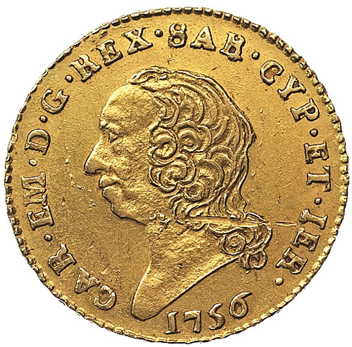 SAVOIA Carlo Emanuele III (1755-1773) Mezza doppia 1756 - MIR 944b AU (g 4,80) R Graffio sul collo