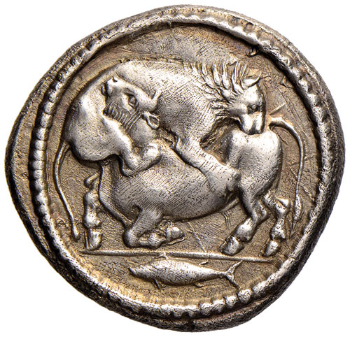 MACEDONIA Acanthus Tetradramma (prima del 480 a.C.) - Leone che azzanna un toro - R/ Quadrato