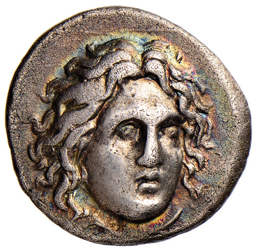 ISOLE DELLA CARIA Rodi - Didramma (394-304 a.C.) Testa del Sole quasi di fronte - R/ Rosa, a s.,