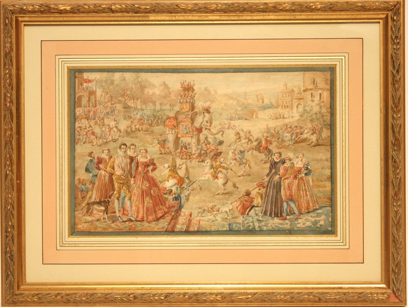SCENE DE BATAILLE A L’ELEPHANT  Aquarelle sur papier représentant une scène de bataille dominé par