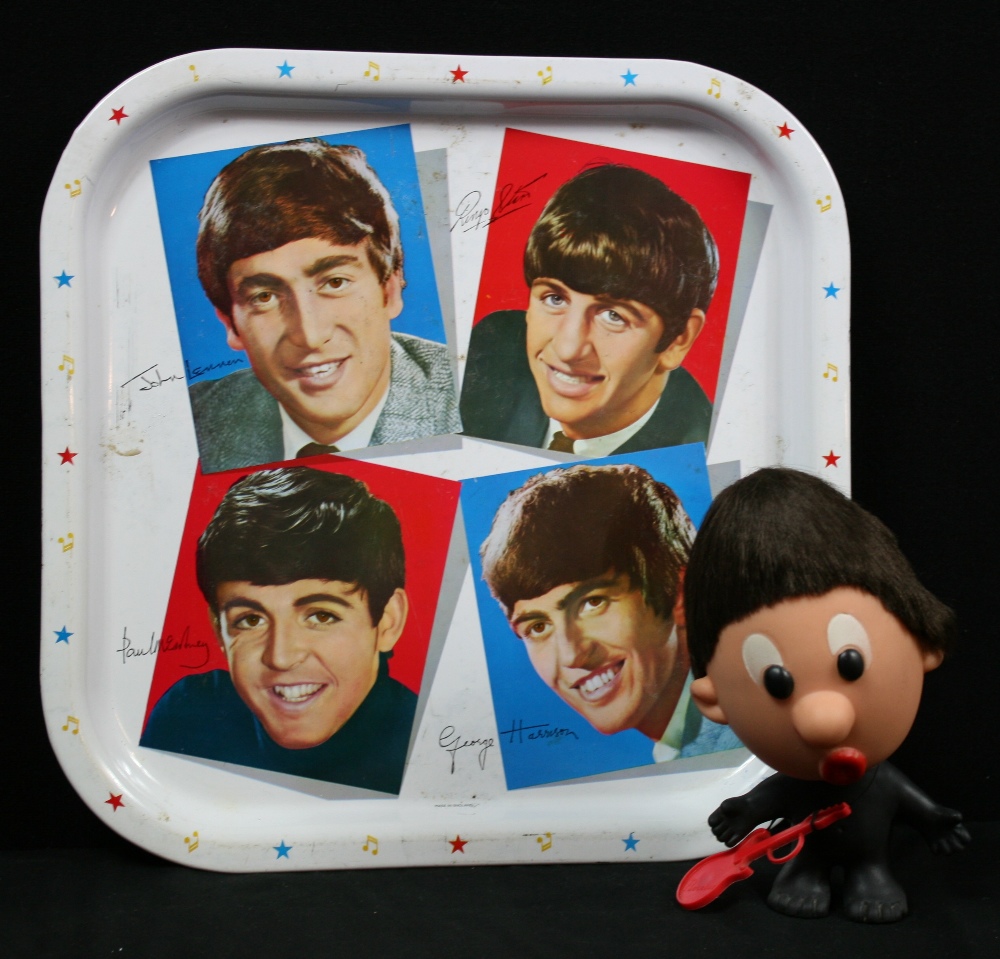 BEATLES - 1960`s printed tin Beatles tray and a Beatles vinyl Rosebud ``Paul`` toy doll with brown