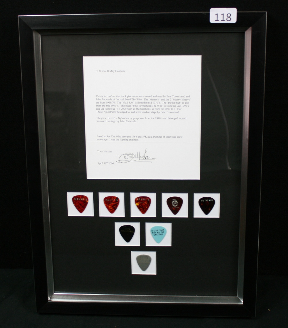 THE WHO - great collection of 8 framed guitar plectrums which were previously owned and used by