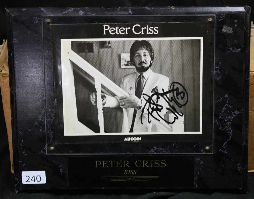 PETER CRISS & ERIC CARR - marble effect plaque with signed promotional photo of Peter Criss above a