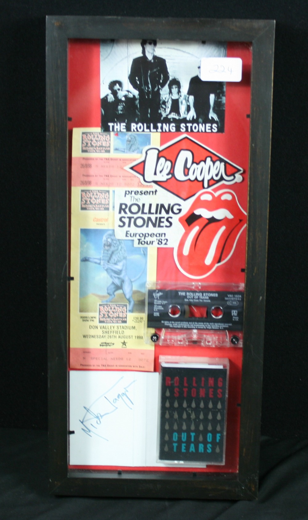 ROLLING STONES - framed memorabilia collection to include Mick Jagger signed cassette inlay card,