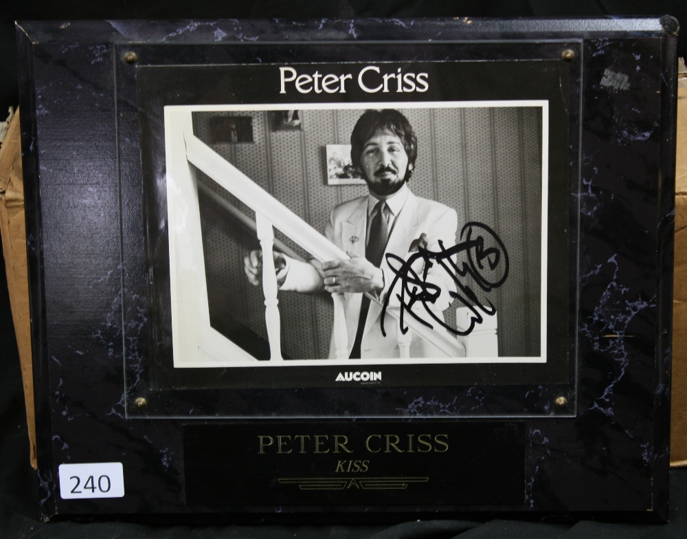 PETER CRISS OF KISS - marble effect plaque with signed promotional photo of Peter Criss above a