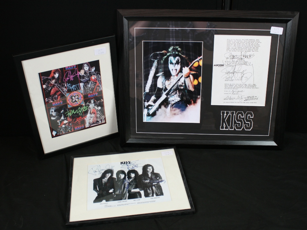 KISS - 3 framed items to include a copy of the contract signed by all band members on 26th May 1977