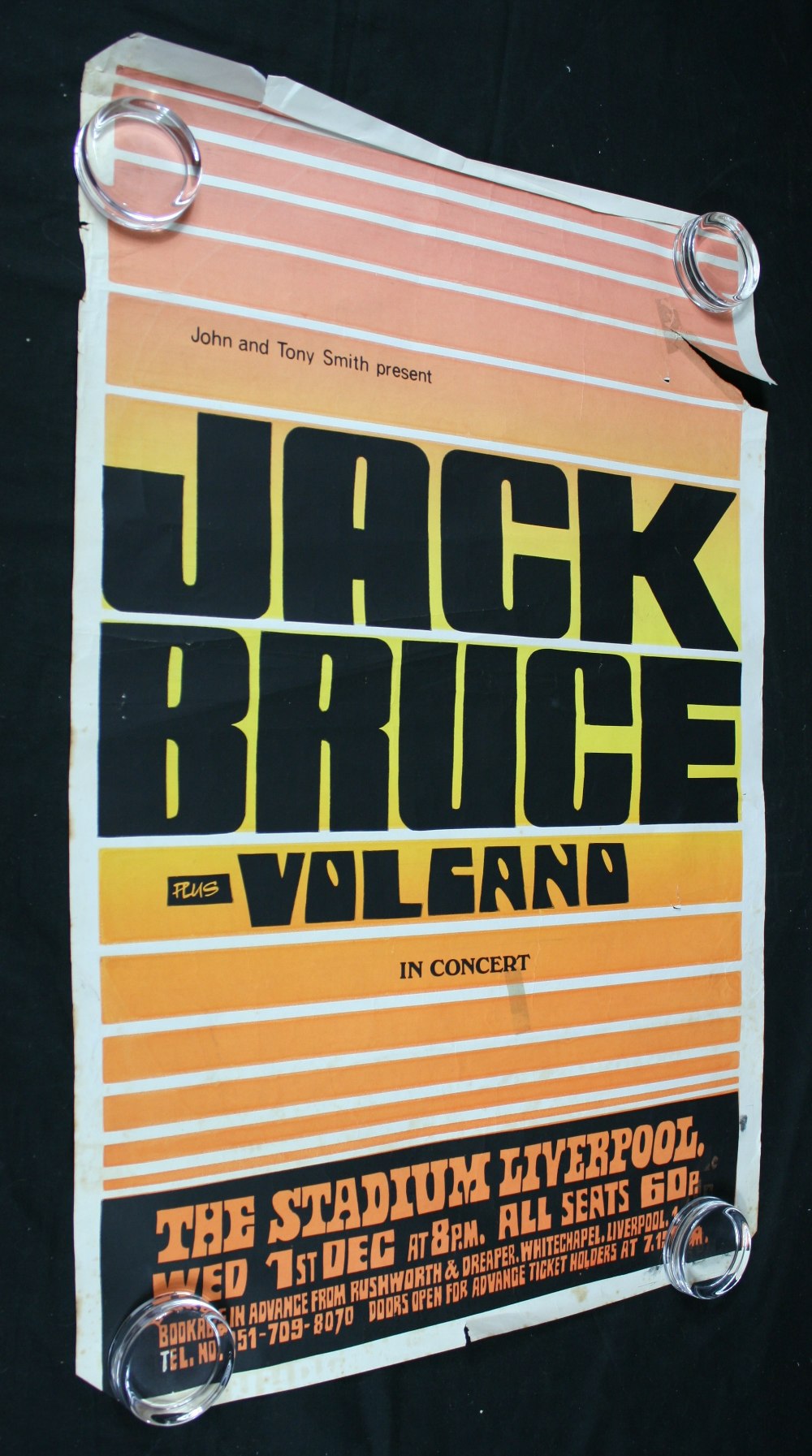 JACK BRUCE / VOLCANO - poster from the performance at The Liverpool Stadium on 1st Dec 1971. Black