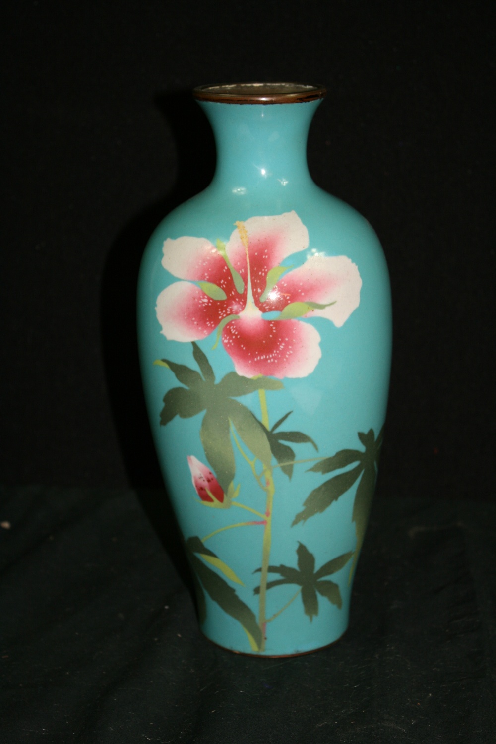 JAPANESE VASE - late 19th/early 20th century turquoise Cloisonné vase with a peony flower and leaf