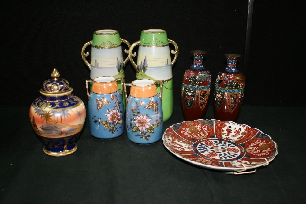 ORIENTAL - Collection of 8 pieces to include 2 hand painted Kinjo China Nippon vases, 2 Noritake