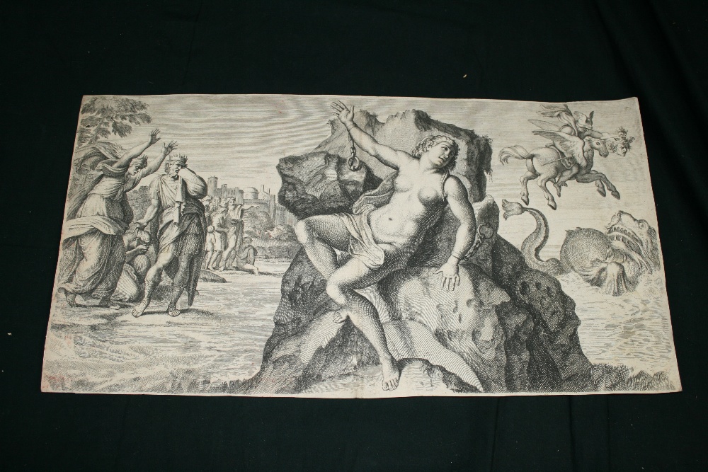 ENGRAVING - A reverse engraving  after Carracci by Cesio ? `Perseus rescuing Andromeda`. Measures