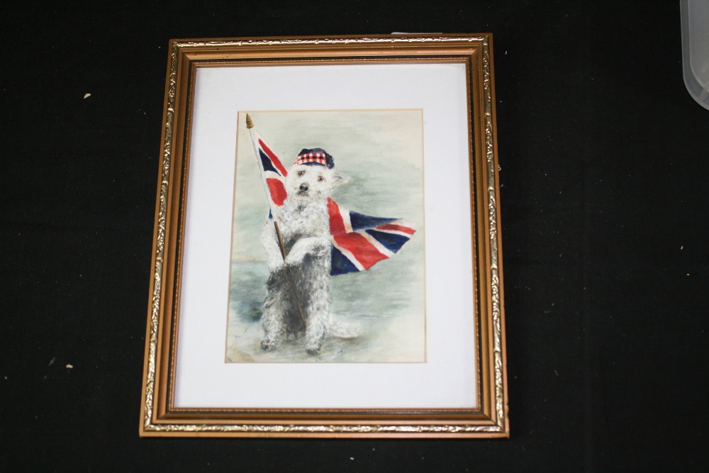 E TOMLINSON - oil and watercolour on canvas of a dog holding a Union Jack flag.  Signed "E.