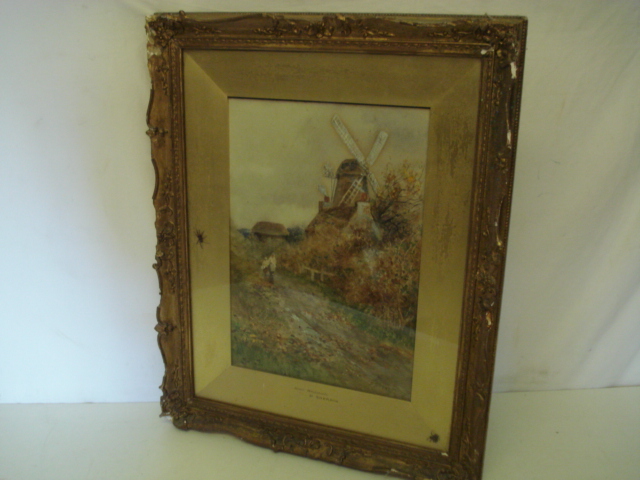 Framed & Glazed Antique Watercolour of Windmill Near Whitstable D. Sherrin