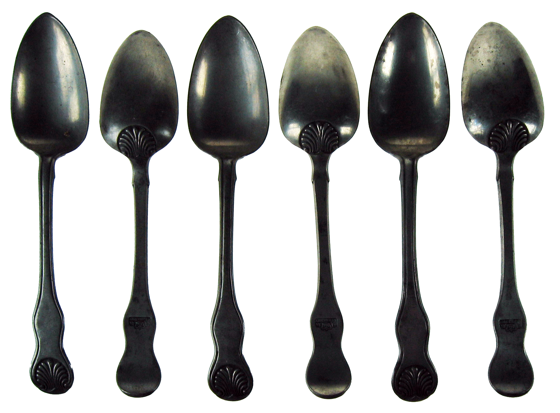 A SET OF SIX BRITANNIA-METAL TABLESPOONS with shell terminals, marked VR, Crown and ASHBERRY, for
