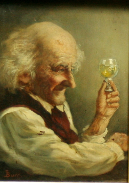 A 19TH CENTURY OIL ON BOARD, a portrait of an elderly gentleman holding a glass of wine,  signed `J