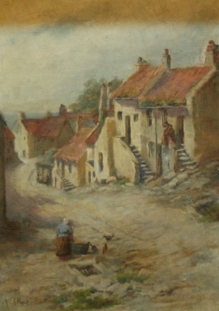 A 19TH CENTURY CORNISH FISHING VILLAGE SCENE, oil on canvas, bearing signature M.J.A Park lower