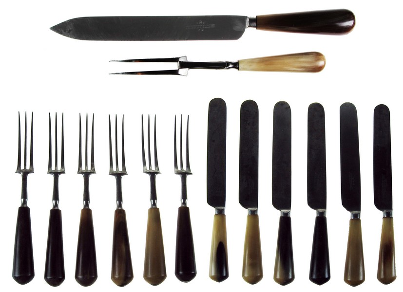 SIX PAIRS OF OXHORN-HANDLED STEEL KNIVES AND THREE-TINED FORKS, the blades stamped SUPERB/JOHN