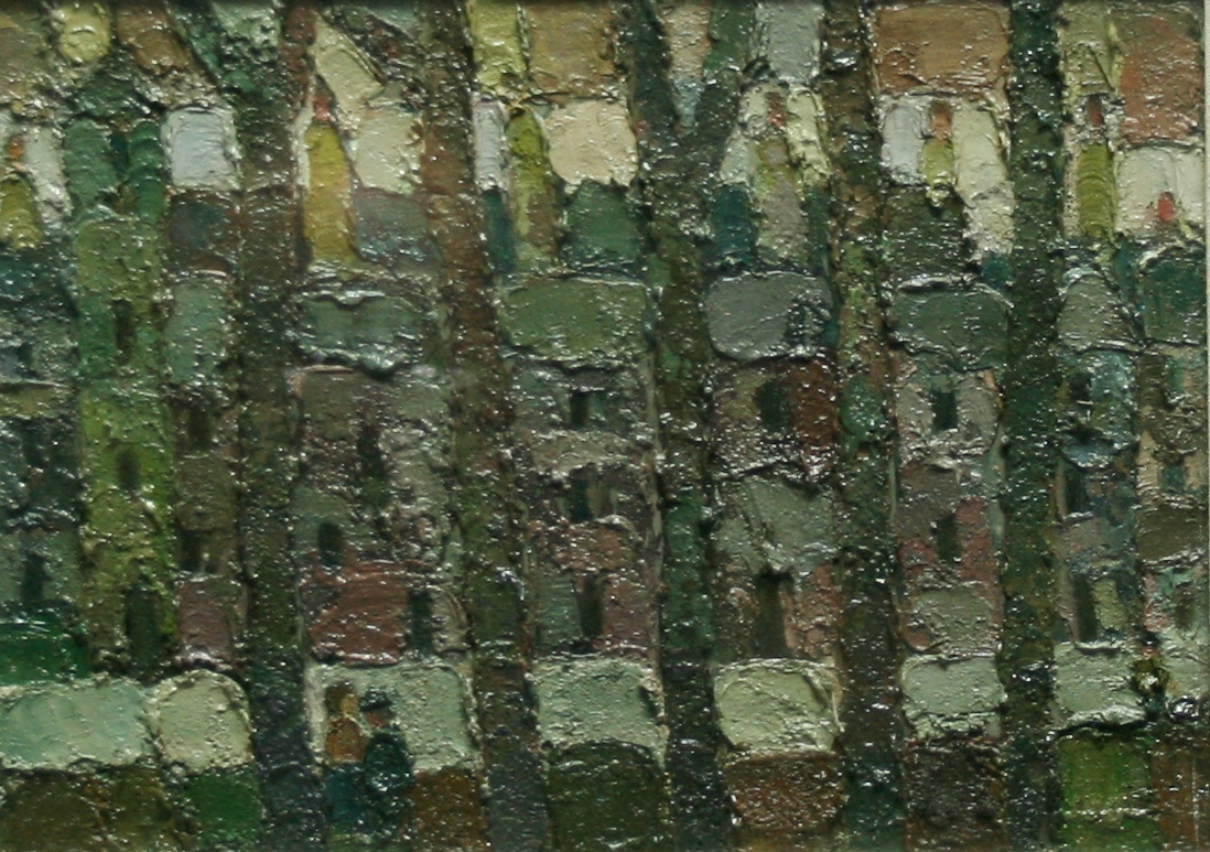 A MODERNIST STREET SCENE, oil on panel, thickly applied in earthy tones, depicting two figures and